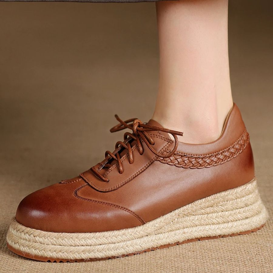 Wedge Espadrille Women - EAGSITY Brązowe oksfordki damskie ze skóry